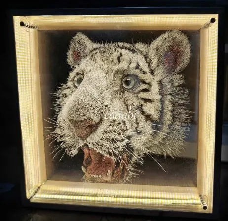 layered acrylic pet memorial portrait with 3D depth and high contrast engraving